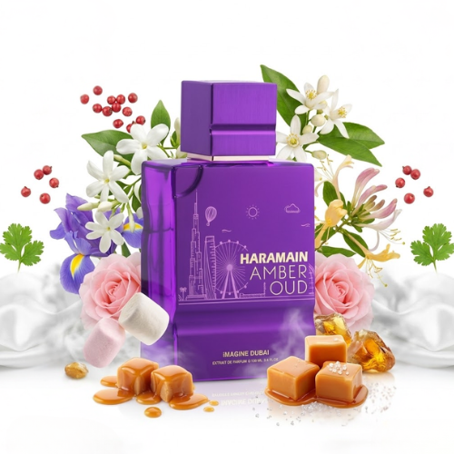 Detalle del frasco Amber Oud Imagine Dubai acabado premium perfume unisex de lujo