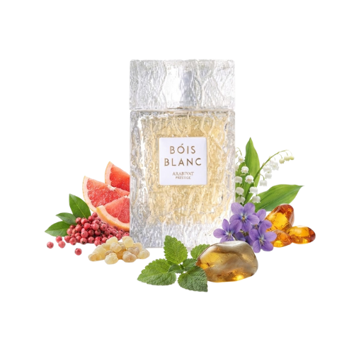 Detalle del frasco Bois Blanc de Arabiyat Prestige perfume unisex premium