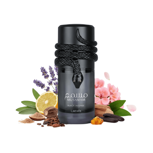 Comprar Musamam Black Intense Lattafa perfume arabe masculino eau de parfum intenso para otoño e invierno con lavanda cedro tonka y ámbar