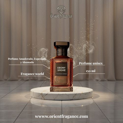 Ebony Smoke de Fragrance World, fragancia oriental con acordes ambarados, herbales y ahumados. Una experiencia olfativa profunda y lujosa