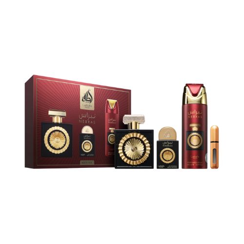 Gift Set Nebras de Lattafa, set de lujo con perfume y productos complementarios. Fragancia dulce, elegante y perfecta para regalar.