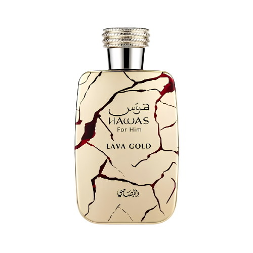 Detalle del frasco Hawas Lava Gold acabado premium perfume unisex moderno y lujoso