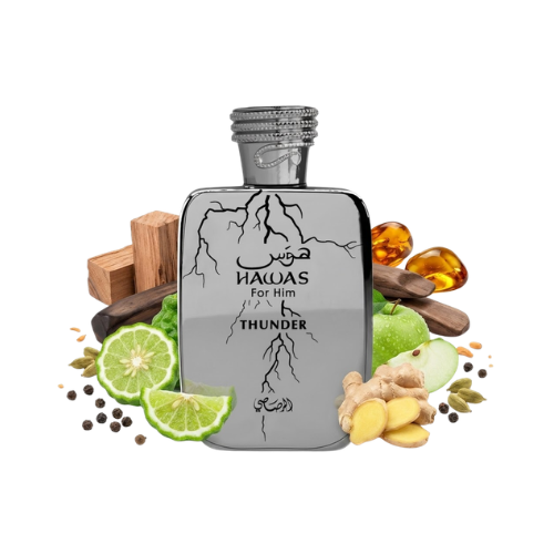 Detalle del frasco Hawas Thunder acabado premium perfume hombre sofisticado y energético