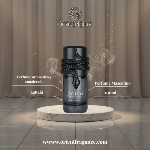 Musamam Black Intense de Lattafa perfume arabe EDP masculino aromático especiado con lavanda bergamota salvia nuez moscada geranio y cedro