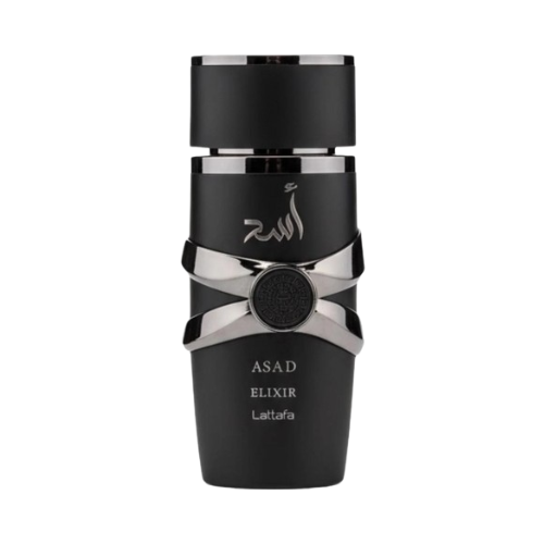 Frasco del perfume Asad Elixir de Lattafa, fragancia árabe intensa y masculina