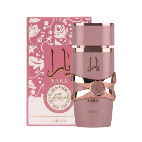 Perfume Yara Elixir de Lattafa sobre fondo elegante, aroma floral y gourmand