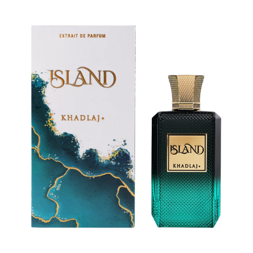 Detalle del frasco Island de Khadlaj, diseño lujoso con acabado brillante
