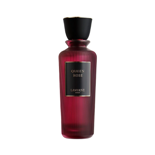 Queen Rose de Laverne 200 ml, perfume floral de lujo con rosa, flores blancas y fondo suave ambarado. Elegante y femenino.