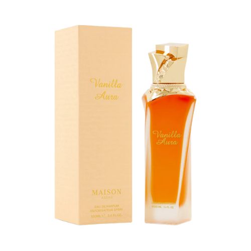 Vanilla Aura de Maison Asrar, perfume dulce y cremoso con vainilla gourmet y un fondo amaderado suave. Seductor, cálido y adictivo