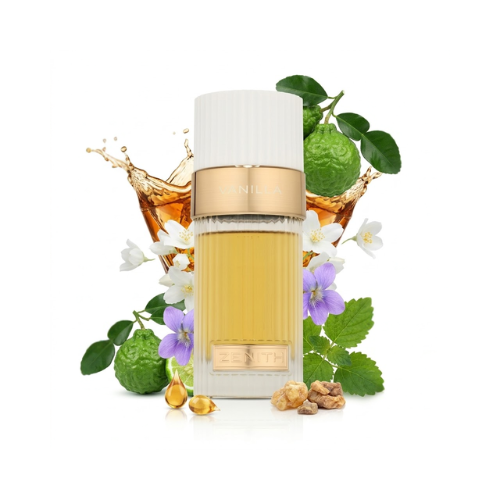 Detalle del frasco Zenith Vanilla acabado premium perfume unisex gourmand refinado