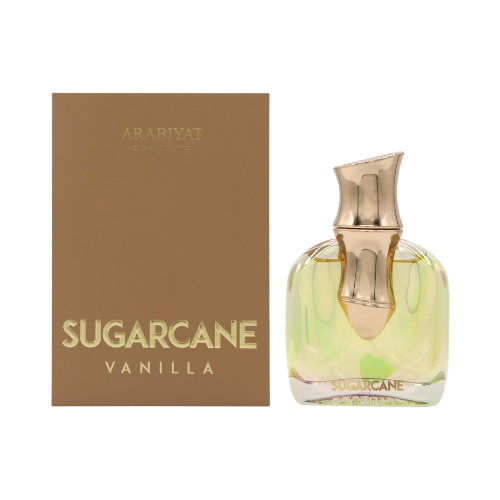 Detalle del frasco Sugarcane Vanille Arabiyat Prestige con acabado dorado y estilo dulce sofisticado