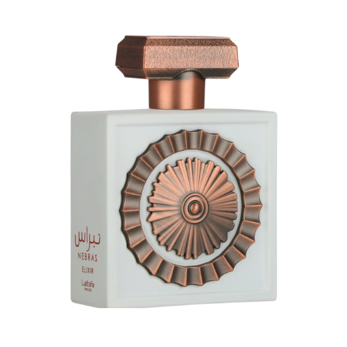 Frasco del perfume Nebras Elixir de Lattafa, fragancia dulce con notas de vainilla y cacao 