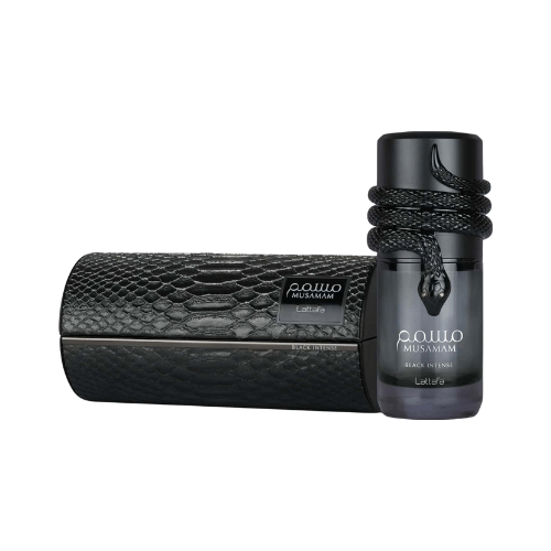 Musamam Black Intense Lattafa perfume arabe eau de parfum masculino intenso para noche con maderas pachulí haba tonka y acordes ambarados