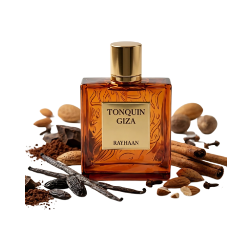 Detalle del frasco Tonquin Giza acabado premium perfume unisex elegante y moderno